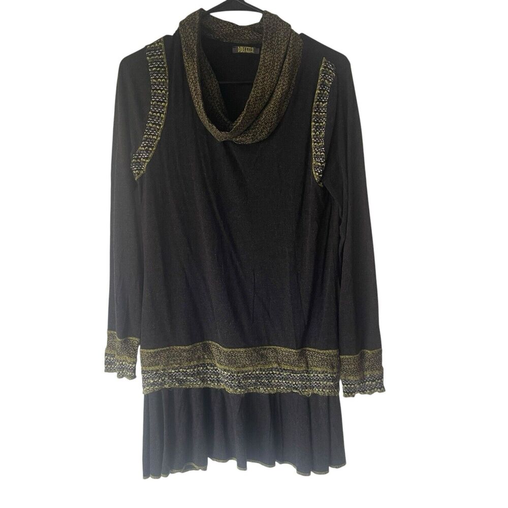 Dolcezza Size Medium Art To Wear Hippy‎ Gray Green Knit Cowl Neck Tunic Top